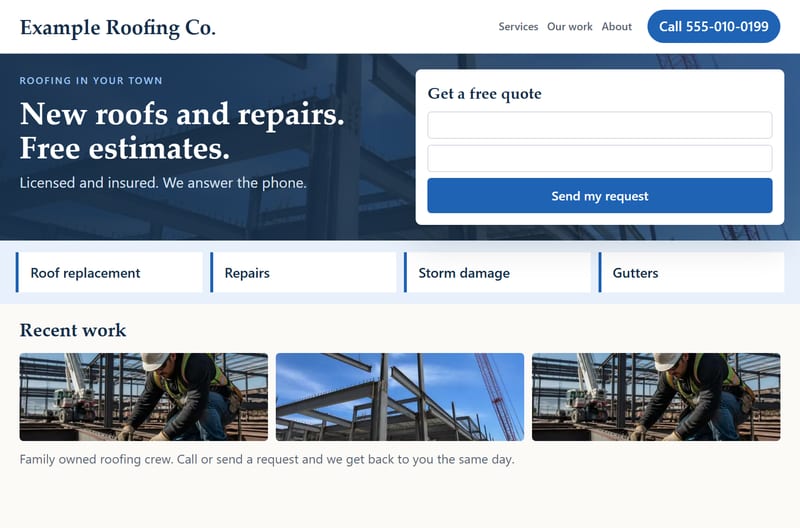 Sample contractor site after: call button on every screen, quote form up front, services right up front