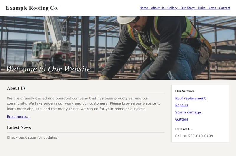 Sample contractor site before: a crowded menu, no quote button on the first screen, a phone number that is not tap-to-call