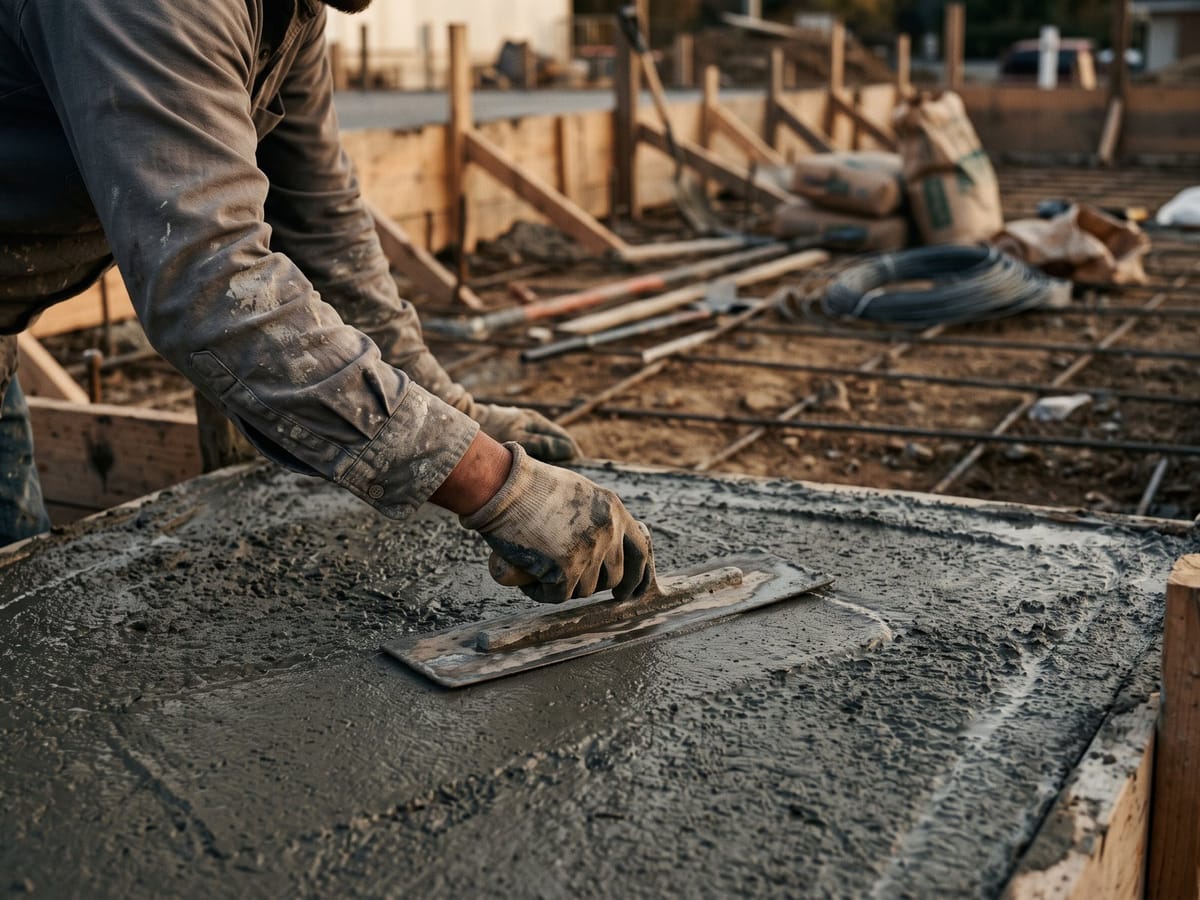 A crew screeding a new concrete slab