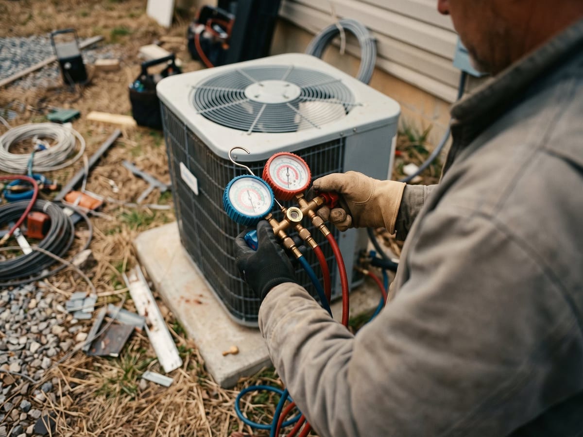 An HVAC technician checking a condenser unit
