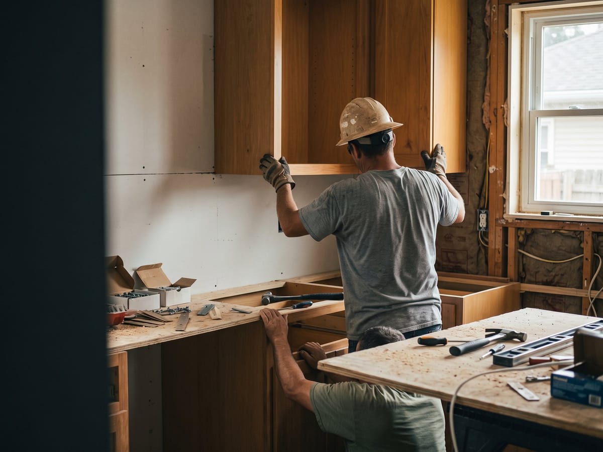 A carpenter installing cabinets