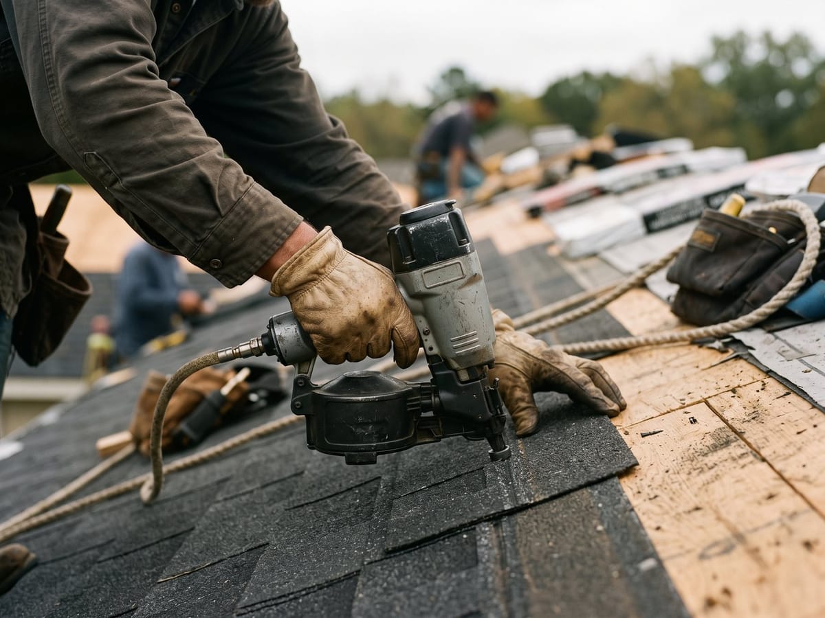 A roofer nailing new shingles